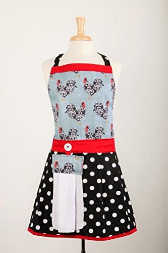 Apron by The Bedford Life: Women's (One Size) Damask Chicken and Polka Dot with red trim (Style Jessica) 100% Cotton: Mommy & Daughter available (See our other listings)