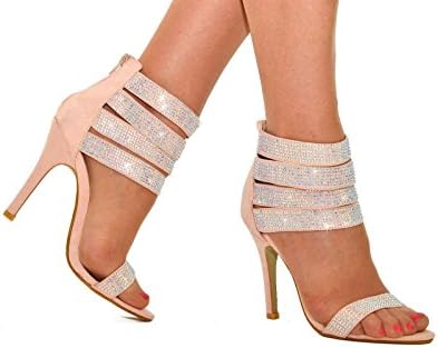 Beige Faux Suede Rhinestone Encrusted Ankle Strap Party High Heel Stiletto Sandals