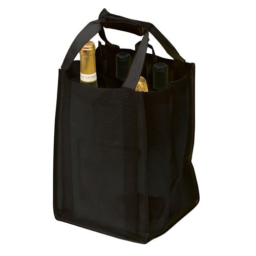 Black Non Woven Four Bottle Wine Tote w/ Strap Handle