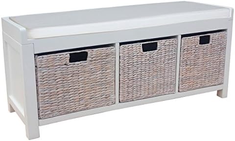 White Entryway Storage Bench with 3 Water Hyacinth Baskets