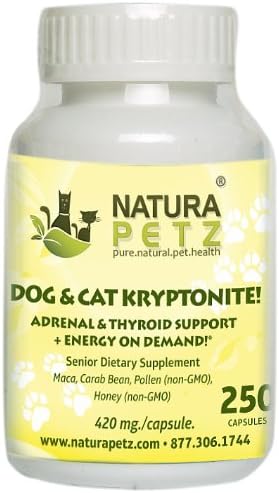 Natura Petz Dog and Cat Kryptonite Adrenal and Thyroid Support, for Cushing's and Addison's Disease, Energy on Demand 250 Capsules, 420mg Per Capsule