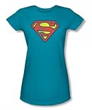 Superman Retro Supes Logo Distressed Juniors S/S T-shirt in Turquoise by DC Comics