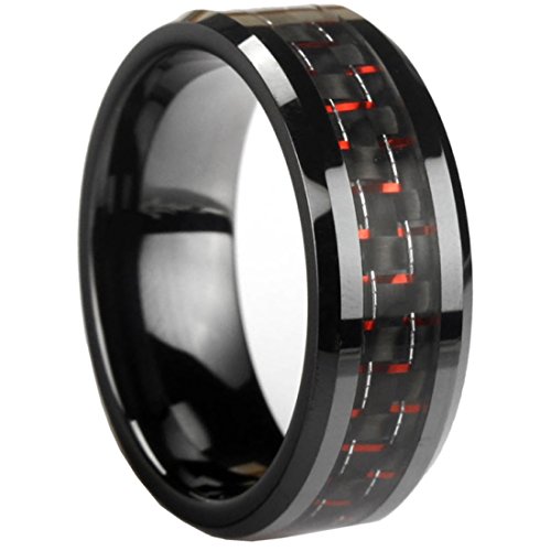 Black Ceramic Ring With Black and Red Carbon Fiber by CERAMIC GESTALT® - 8mm. Comfort Fit.