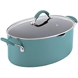 Rachael Ray Cucina Hard Porcelain Enamel Nonstick Pasta Pot, Covered Oval with Spout, 8-Quart, Agave Blue