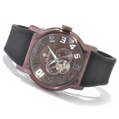 Croton Men's Automatic Semi-Skeleton Stainless Steel Rubber Strap Watch
