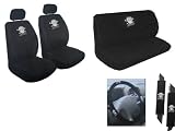 9 Piece Auto Interior Gift Set - 2 White Skull and Cross Bone Front Low Back Bucket Seat Covers, 2 White Skull and Cross Bone Head Rest Covers, 1 White Skull and Cross Bone Steering Wheel Cover, 2 White Skull and Cross Bone Shoulder Harness Pressure Relief Cover