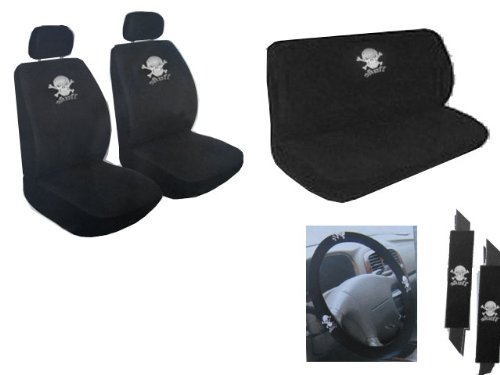 9 Piece Auto Interior Gift Set - 2 White Skull and Cross Bone Front Low Back Bucket Seat Covers, 2 White Skull and Cross Bone Head Rest Covers, 1 White Skull and Cross Bone Steering Wheel Cover, 2 White Skull and Cross Bone Shoulder Harness Pressure Relief Cover