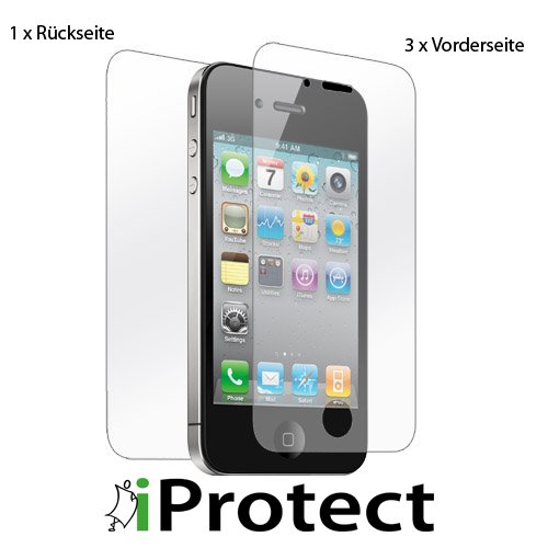 ORIGINAL iProtect iPhone 4 / 4S "CrystalClear" 3 x VORDERseite + 1 x RÜCKseite ORIGINAL Displayschutz iPhone 4G unsichtbar! iPhone4 4 S Schutzfolie Schutzfolien Displayschutzfolie MADE IN GERMANY NEUE VERSION 5.0 IN DESIGNVERPACKUNG