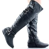 Women's Above the Knee Dual Buckle Boots in Black, Brown, Khaki, Gray, White (6.5, Black)