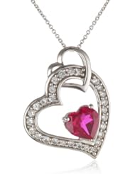 Sterling Silver Heart Shape Created Ruby Round Created White Sapphire Heart Pendant Necklace, 18"