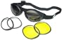 Motorcycle Cycling Goggles That Come with 3 Interchangeable Lenses Clear Smoke Yellow Sides are vented to help prevent fogging and ALL three sets of lenses have ANTI-FOG coating! Shatterproof, polycarbonate, UV400 protection!