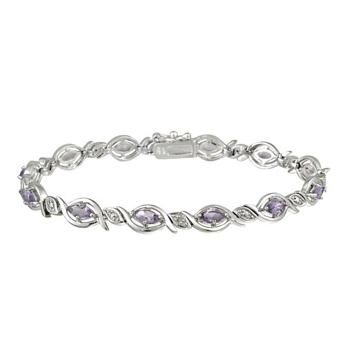 Sterling Silver Diamond Accent and Amethyst Oval Link Bracelet, 7.25"