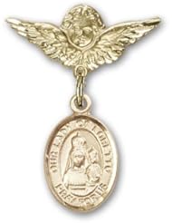 Gold Filled Baby Badge with Our Lady of Loretto Charm and Angel with Wings Badge Pin