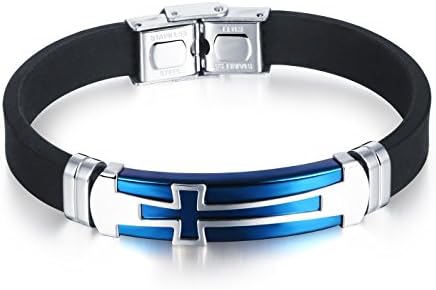 Fate Love Jewelry Mens Sport Silicone Christian Cross Bracelet Wristband, Blue/Black