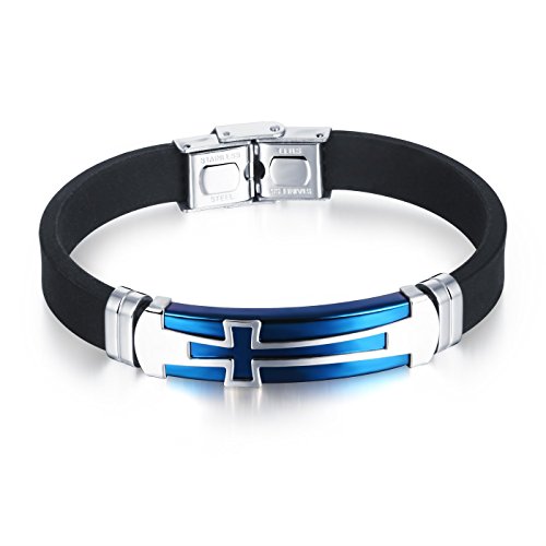 Fate Love Jewelry Mens Sport Silicone Christian Cross Bracelet Wristband, Blue/Black