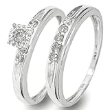 1/4 CT. T.W. Round Cut Diamond Engagement Ring and Ladies' Wedding Band Set 10K White Gold - Two Rings: Ladies Engagement Ring and Ladies Wedding Band - Free Gift Box -