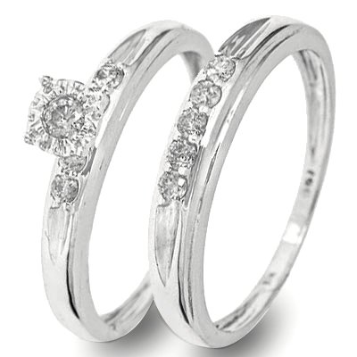 1/4 CT. T.W. Round Cut Diamond Engagement Ring and Ladies' Wedding Band Set 14K White Gold - Two Rings: Ladies Engagement Ring and Ladies Wedding Band - Free Gift Box -