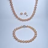 Peach Pink 6-7mm AAA Cultured Pearl Strand Princess Necklace 18, Bracelet (LS1R2) & AAAA Earrings (LS1B) CAREFREE Sterling Silver Set
