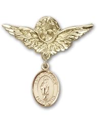 Gold Filled Baby Badge with St. Gregory the Great Charm and Angel with Wings Badge Pin