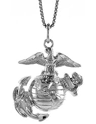 Sterling Silver U.S. Marines Eagle Globe & Anchor EGA Pendant, 1 1/8 inch tall