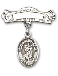Sterling Silver Baby Badge with St. Christopher Charm and Arched Polished Badge Pin