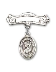 Sterling Silver Baby Badge with St. Christopher Charm and Arched Polished Badge Pin
