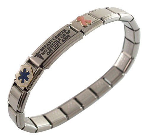 Breast Cancer No Needle or BP on LEFT Arm Medical ID Alert Italian Charm Bracelet