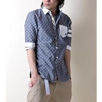 2color ネックレス付きオックスフォードクレリックドット柄5分袖シャツ