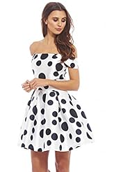 Summer Polka Dot Print Off the Shoulder Polyester Skater Dress 