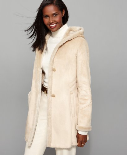 Larry Levine Coat, Hooded Faux Shearling Camel 