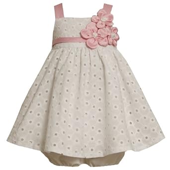 White & Pink Triple Satin Flower Eyelet Easter Dress by Bonnie Jean Baby