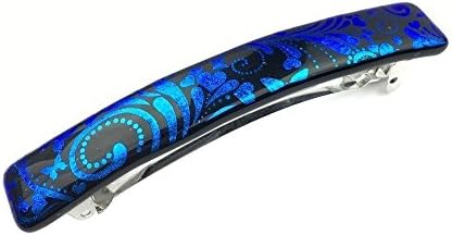 Metallic Blue Hearts Butterflies &amp; Flourishes, Extra Large Barrettes for Thick Hair, Handmade in the US by Fashion Glass