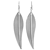 Unique Dangling Chandelier Leaf Earrings in White Alloy Metal With Real Crystal (Length 3.5 inches,0.75 inch wide, Fishhook)