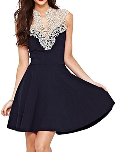 HENG SONG Women Elegant Sleeveless Floral Lace Crochet Patchwork Silmming Dresses (L)