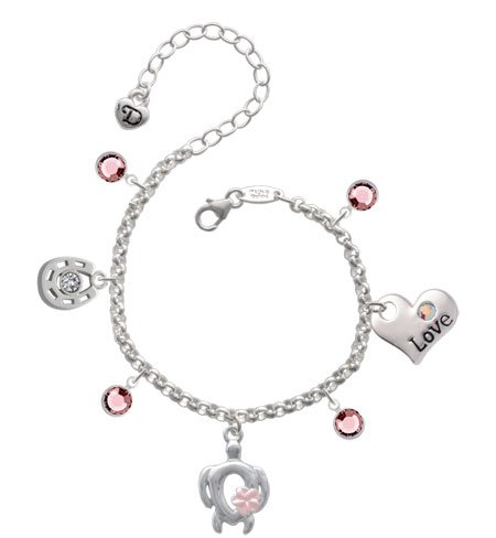 Open Sea Turtle with Pearl Pink Plumeria Flower Love & Luck Charm Bracelet wi...