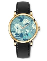 SPRAWL Aanalog Fashion Series Gold Ladies Watches of Genuine Black Leather Strap,Unique Wrist Watch for Women Girls Designed with White flowers and leaves