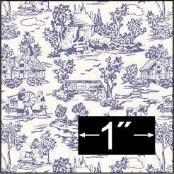 French Champagne Toile Blue Dollhouse Miniature Wallpaper.