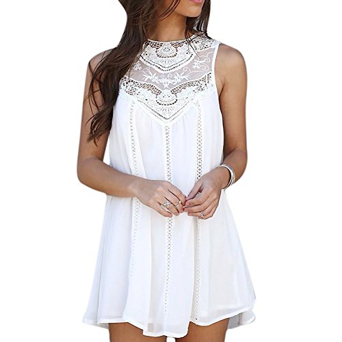 MIOIM® ワンピース レディ ゆとり シフォン ドレス ラウンドネック ノースリーブ レース 切り替え Aライン スカート カジュアル 通勤 お呼ばれ ワンピ