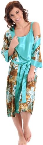 Robe Night Gown Set with Floral Animal Print Pattern Women 2 Piece Turquoise Sizes: Medium