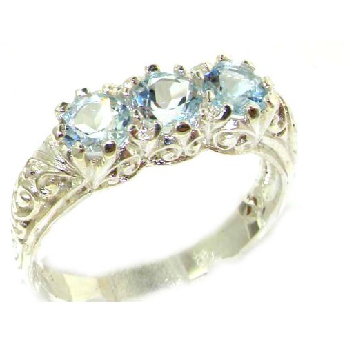 Luxury Solid Sterling Silver Natural Aquamarine Art Nouveau Carved Trilogy Ring - Finger Sizes 5 to 12 Available