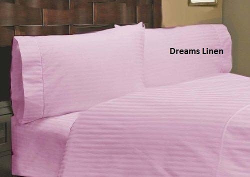 Dreams Linen 300-Thread-Count Egyptian Cotton 3pcs Set (1 Fitted Sheet + 2 Pillow Case) [+23Inch] Pocket Depth Size -Full Pink Stripe