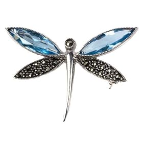 STERLING SILVER BROOCH 30X43mm - Marcasite w Aquamarine CZ by Toltec Trading Company