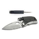 Tool Logic SLP3 Tactical Folding 1/2 Serrated Knife With LED Flashlight, Diamond Sharpener and Signal Whistle, Silver