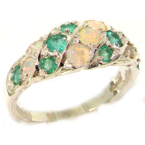Luxury Ladies Solid Sterling Silver Natural Fiery Opal & Emerald Band Ring - Finger Sizes 5 to 12 Available