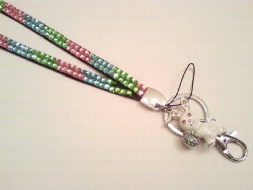 Easter Three Tone Rhinestone Lanyard Pink, Blue and Green Id Badge Holder w/ Bunny Charm