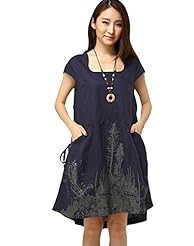 General Print Cotton/Linen Round Neck Knee Length Short Sleeves Summer  Dress