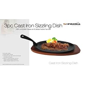 3PC Cast Iron Sizzling Griddle Dish Platter wooden base