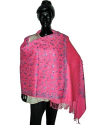 Salmon Pink Crewel Embroidered Kashmiri Pashmina Shawl Wrap