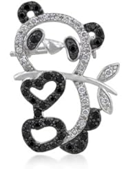 Alexander James A White Gold Rhodium Bonded Panda Brooch with Round Cut Clear Cubic Zirconia and Round Cut Black Imitation Onyx Accents and a Silvertone