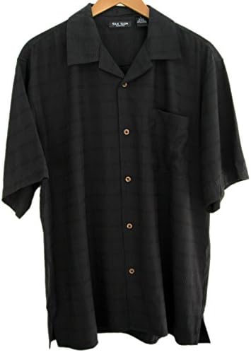 Mens Solid Black Silk Camp Shirt Textured Casual (XL)